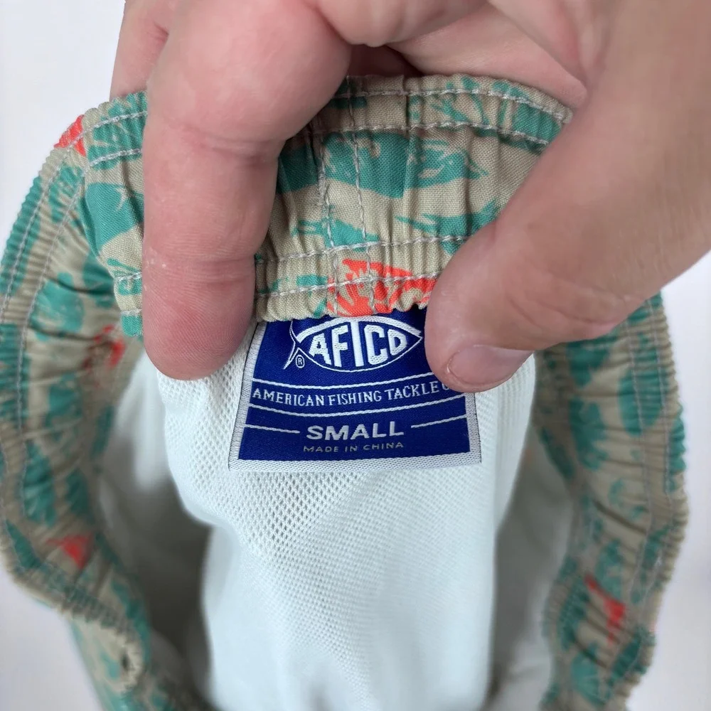 AFTCO Swim‎ Trunks Mens S Tan Green Pink Fish Print Boatbar Shorts Fishing Beach